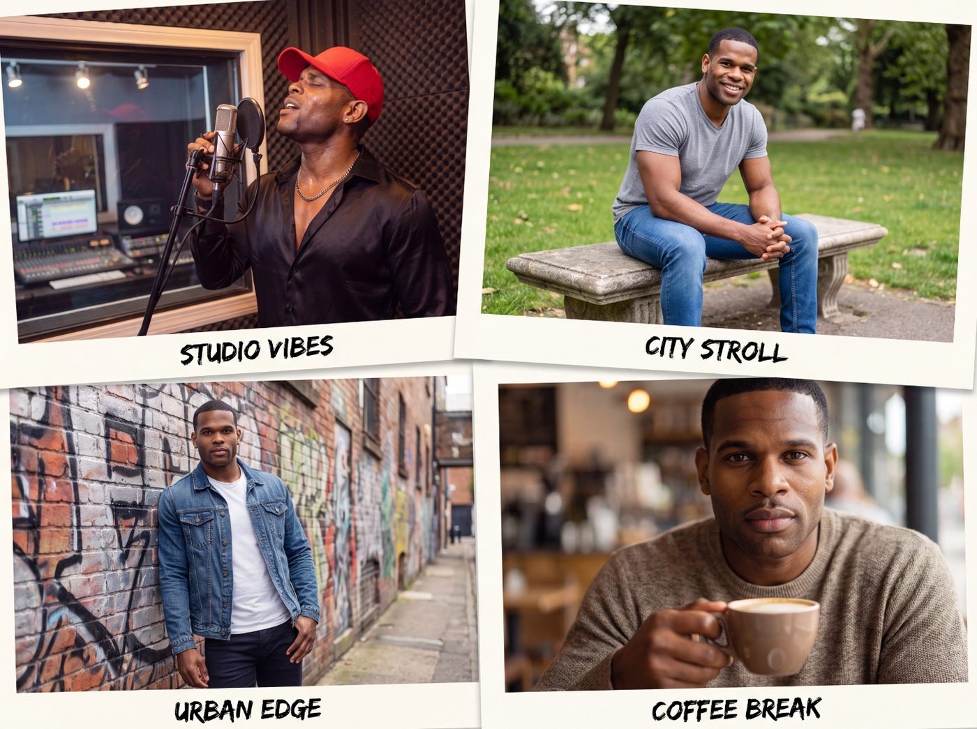 Polaroid-style collage of onlythesexy behind the scenes: studio vibes, city stroll, urban edge, and coffee break moments