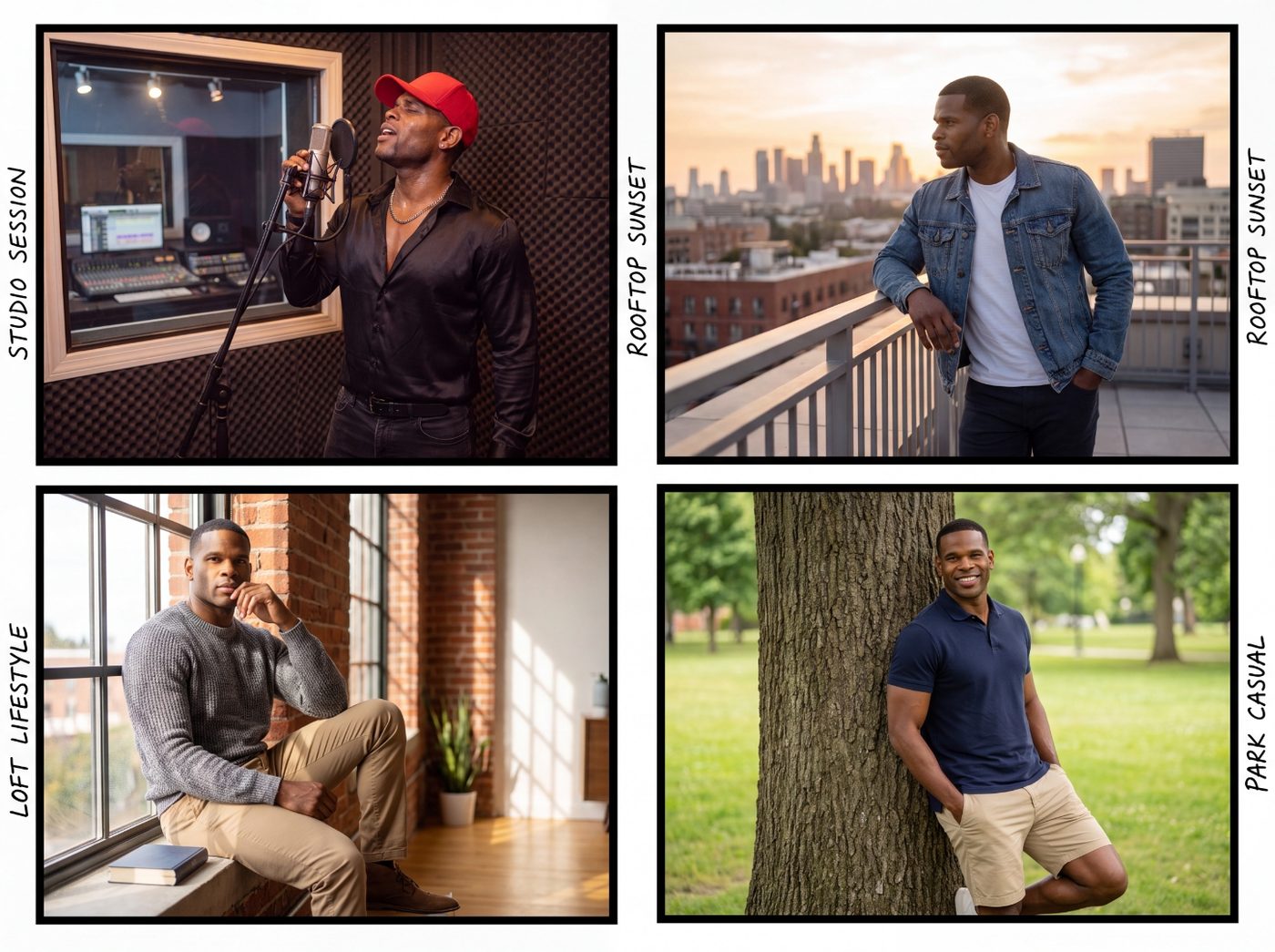 Scrapbook-style collage of onlythesexy: studio session, rooftop sunset, loft lifestyle, and park casual moments